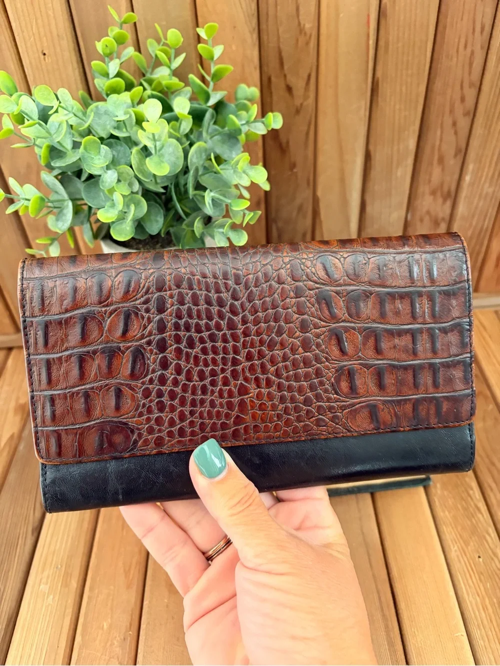 BRAHMIN Croc-Embossed Black and Brown Leather Trifold Wallet